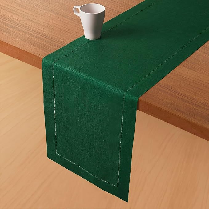 D'Moksha Homes Linen Forest Green Table Runner 144 Inches Long - 100% Pure Linen Extra Long Table Runner 14 x 144 Inch for St Patricks Day, Easter - Classic Hemstitch