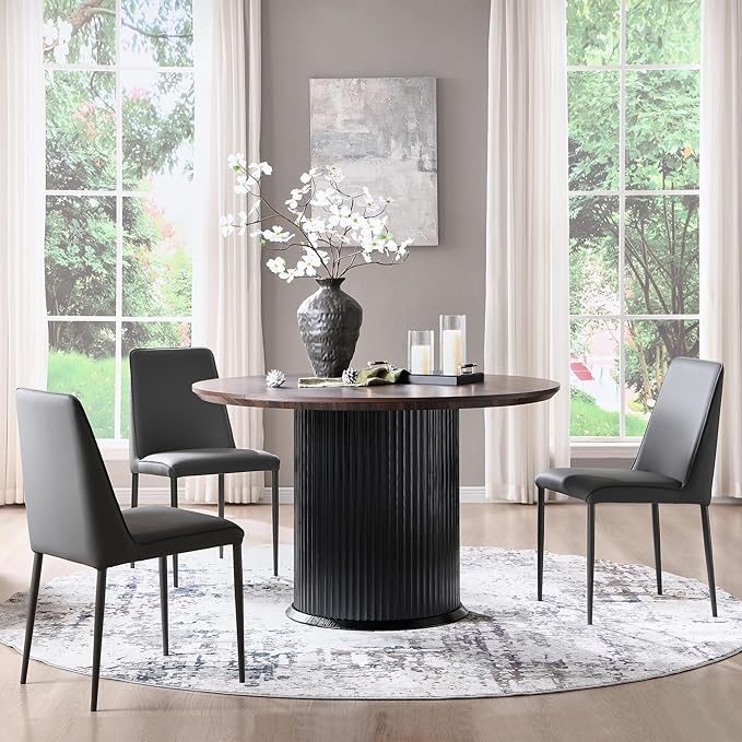 T4TREAM 47" Fluted Round Dining Table for 4-6, Mid-Century Modern Kitchen Table with Thickened Edge & Cylindrical Base for Dining Room, Kitchen, Living Room,Walnut & Black(Table Only)