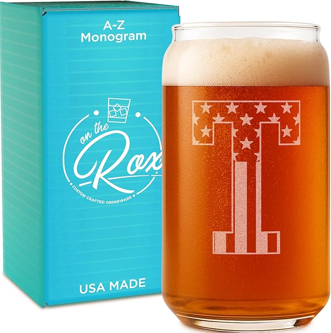 Monogram Beer Glasses for Men (A-Z) 16 oz - Beer Gifts for Men Brother Son Dad Neighbor - Unique Gifts for Him - Personalized Drinking Gift Beer Glass Mugs - Engraved Beer Can Glass (T)