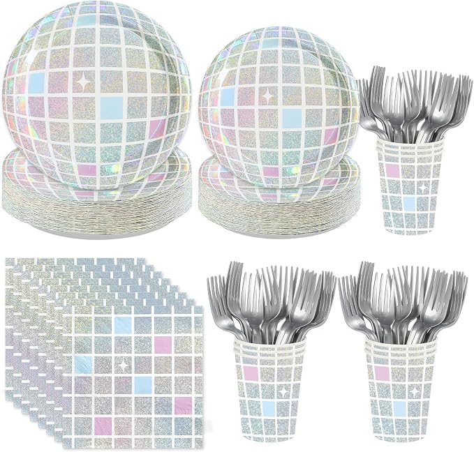 250Pcs Disco Party 70s Disco Party Supplies, Serves 50 | Pink Silver Disco Ball by Greencian