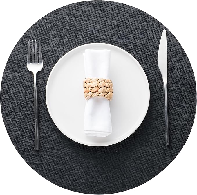 Jovono 15" Faux Leather Big Round Placemats Set of 6 - Washable Heat Resistant Non-Slip Dining Table Mats with Fabric Texture for Kitchen Home Party Decor, Black