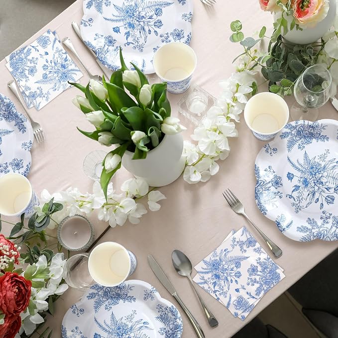 250 Pcs Blue Floral Disposable Paper Plate Napkins | Disposable Tableware - Image 6