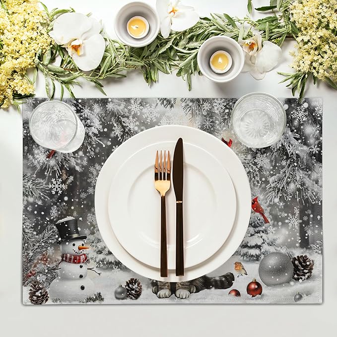 Winter Placemats Set of 4 - Cute Cat Snowman Xmas Tree Place Mat Tablemats 12x18 for Kitchen Dining Table