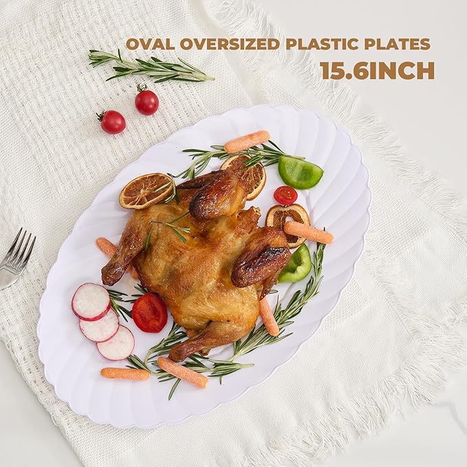 U-QE 25 Pieces Oval White Plastic Plates Disposable Heavy Duty - 15.6inch Large Plates Disposable Plastic Dinner Plates - Oval White Disposable Plates for Party, BBQ, Picnic and Weddings