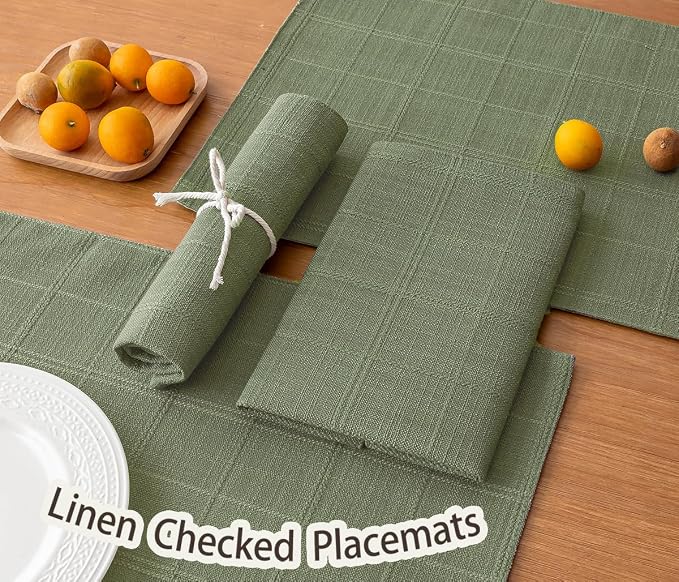Linen Checked Placemats Set of 4, Sage Green Place Mats 12x18 Inch | Raised - Image 4