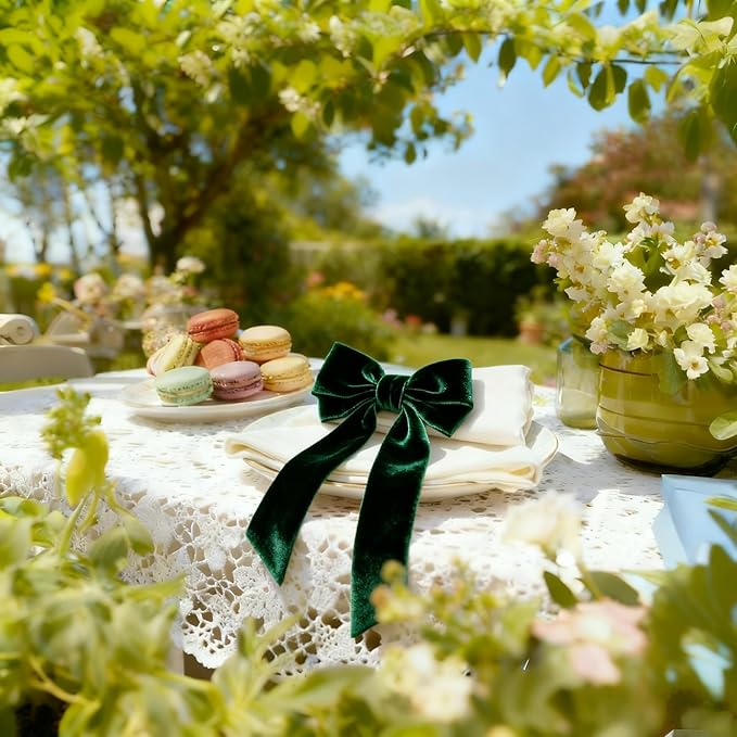 Dark Green Velvet Bow Napkin Rings Set of 12 - Luxury Soft Velvet Napkin Holders, Elegant Bow Design for Christmas Holiday Dinner Wedding Party Table Decor