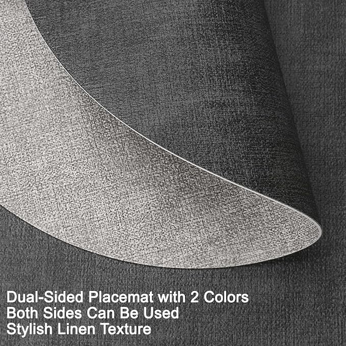 Placemats and Coasters, Washable Placemats Round Faux Leather Wipeable Place Mats Non Slip Heat Resistant Indoor Outdoor Table Mats (Set of 4, Light Gray Gray)