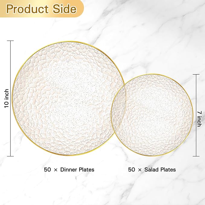 Rubtlamp 100Pcs Clear Gold Plastic Plates, Hammered Plastic Plates Included 50 - Image 2