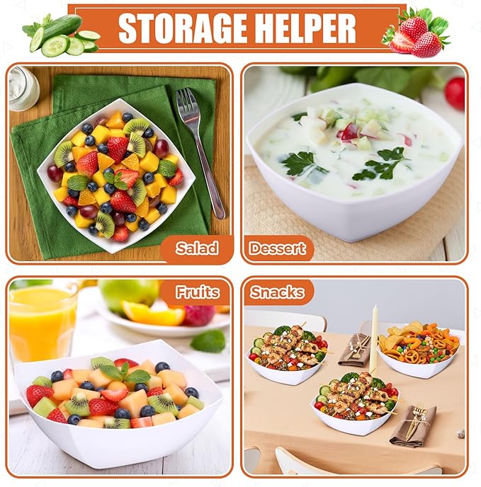 Tanlade 50 Pcs Square Plastic Serving Bowls Disposable Snack Salad Bowl Small Party Candy Bar Containers Taco Bar Serving Dishes for Buffet Chips Fruit(12 oz,White)