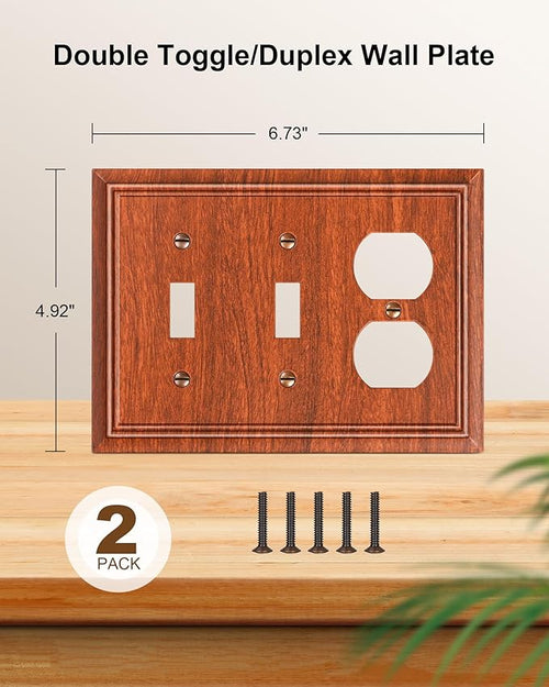 2-Pack Combo Double Toggle/Duplex Outlet Covers, Wood Grain Switch Plates and Outlet Covers, Natural Bamboo Fiber Wall Plates for Electrical Outlets, 3 Gang Receptacle Cover, Corrosion Resistant