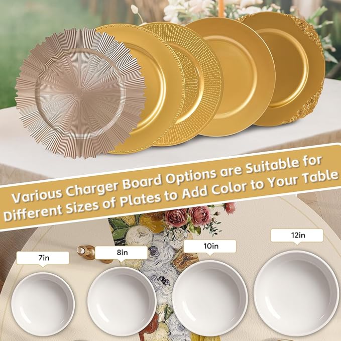 PROY 50 Pcs Champagne Gold Charger Plates, 13 Inch Elegant Fluted Edge Plastic Charger Plates, Round Gold Chargers Dinner Plate Wedding Decoration