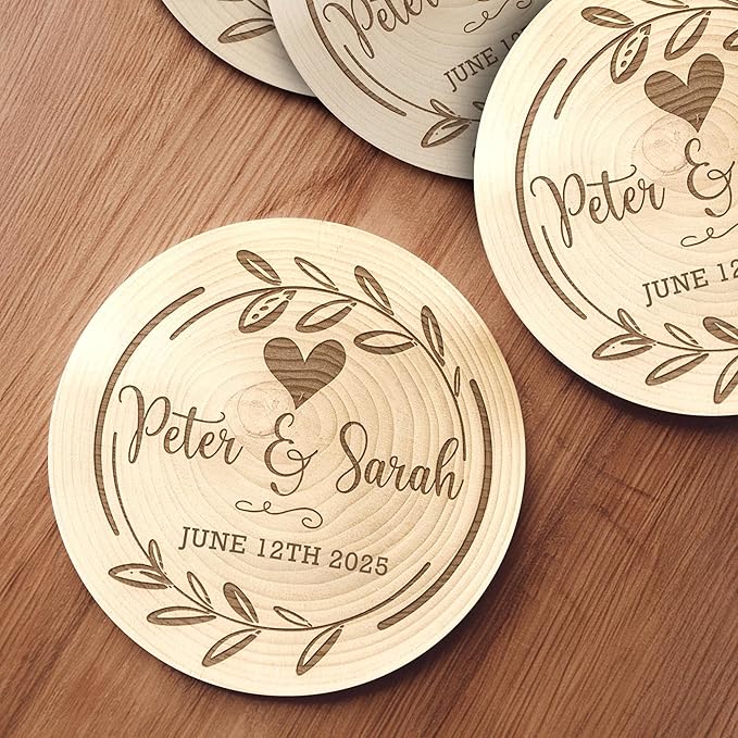 100 Pack Personalized Wedding Coasters, Custom Cardboard Coasters for Drinks with Photo Print and Text, Keepsake Wedding Favors and Gifts for Couples, 3.95" Round (Design 1)