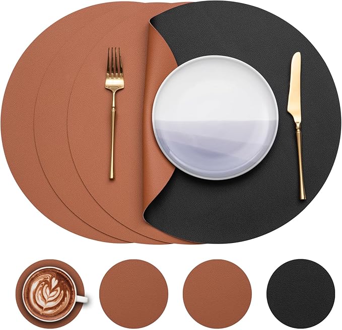 Myir JUN Round Placemats Set of 4 Faux Leather Place Mats and Coasters 15 inch Round Table Mats Dual Sided Non-Slip Stain Resistant Placemats (Black & Brown, Set of 4)
