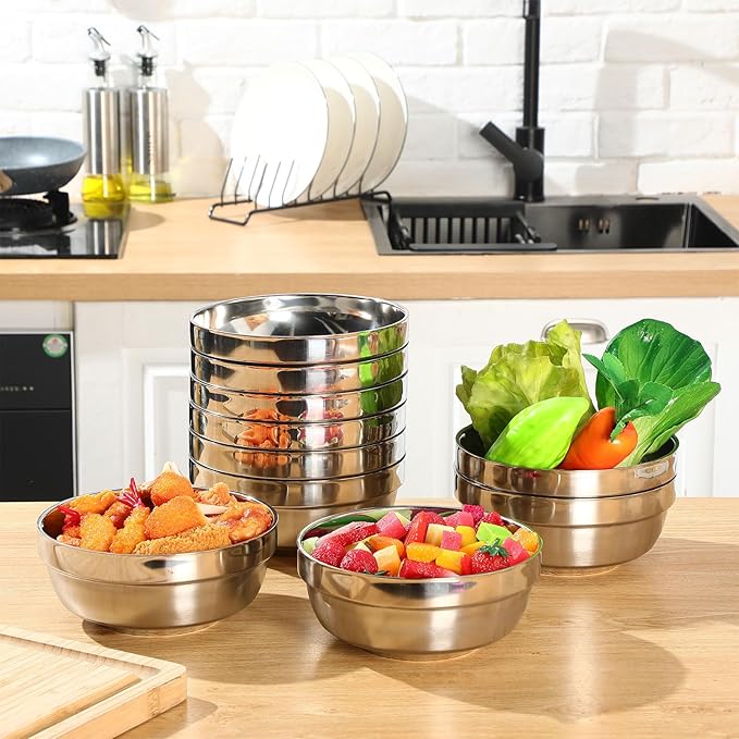 Mimorou 20 Pack 304 Stainless Steel Bowls Set 34oz Metal Double Walled Insulated Snack Mixing Lightweight Multipurpose Toddler Dinner Bowls for Ice Cream, Cereal, Snack