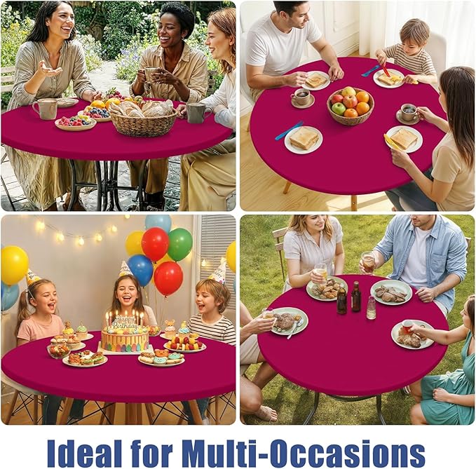 Round Spandex Tablecloth, Elastic Fitted Waterproof Tablecloths for 45"-56" Tables, Stretch Washable Picnic Table Cover for Camping, Dining, Indoor and Outdoor, Fuchsia