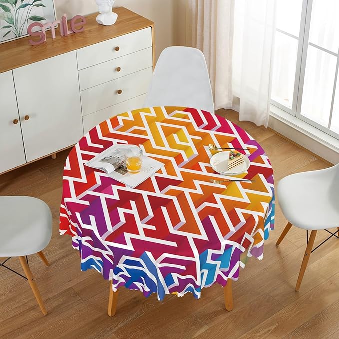 Laeacco 36 Inch Maze Round Tablecloth Colorful Labyrinth Texture Modern Geometric Abstract Art Print Table Cloth Washable Waterproof Wrinkle Free Table Cover for Kitchen Dining Picnic Party Decor