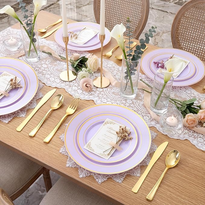 175PCS Purple Plates Disposable - Lavender Plastic Plates 25Guests Plastic Dinnerware with Rolled Napkins for Birthday/Spring/Baby Shower/Easter