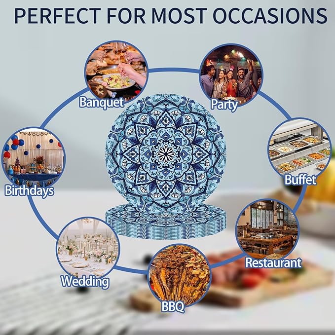 ZULYSTO 100 Pack Boho Paper Plates (50×7"+ 50×9") – Disposable Plates for Party, Vintage Bohemian Style Dessert Dinner Plates Plate Set for Daily Use, Holiday, Picnic (Blue)