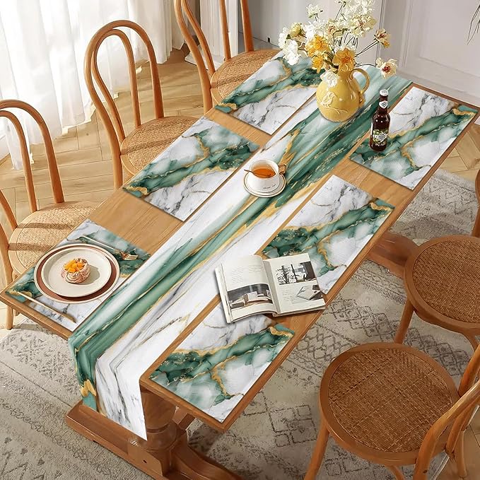 Mcalk Green Marble Table Runner and Placemats Set of 6, Marble Print Placemats, Modern Cloth Place Mats Indoor for Kitchen,Washable Linen Material for Dining Table