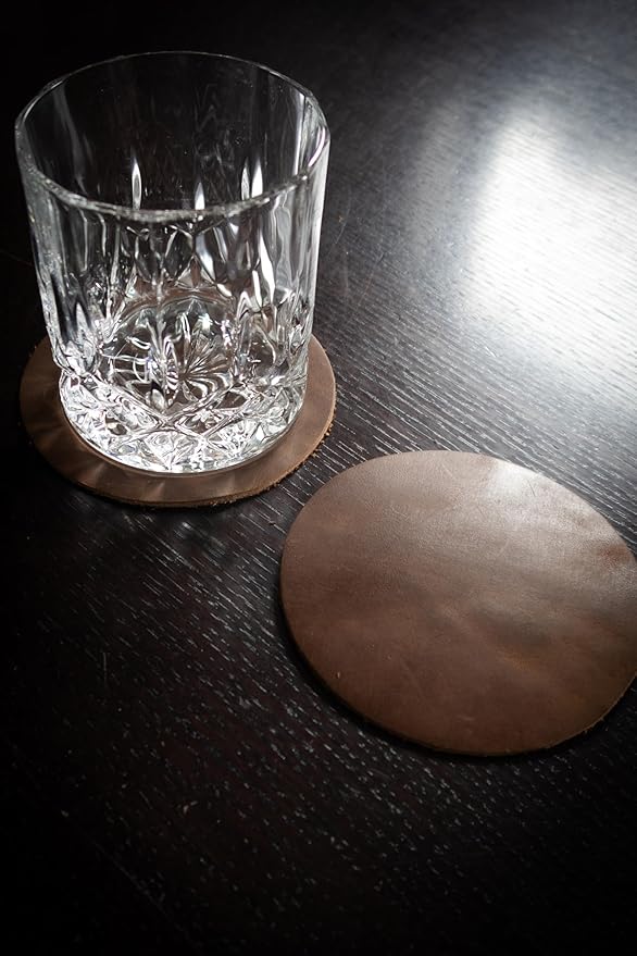 Real Natural Grain Leather Coasters – Durable Non-Slip (Luggage) Distressed Design, Set of 6 for Table Protection in Home, Office, Kitchen, and Bar