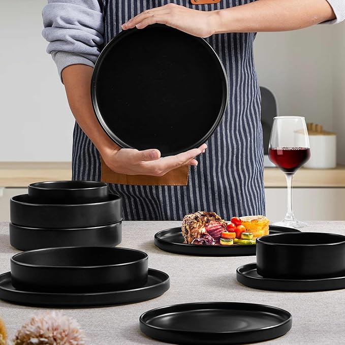Herogo Dinnerware Sets with Pasta Bowls for 2, 8 Piece Dinner Salad Plates and Cereal Bowls, Stoneware Serving Dishes Dinner Ware for Home Kitchen, Dishwasher & Microwave Safe Dishware, Matte Black