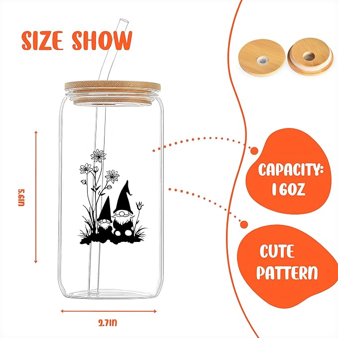 Cute Gnomes Glass Cup With Lids And Straws, Gnomes Gift For Women, Iced, Coffee, Smoothie, Cocktail, Beer, Whiskey, Soda, Matcha,16 Oz, Home Office Table Desk Decoration!