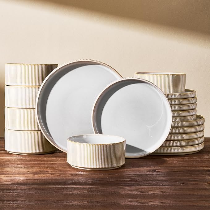 Ceramic Plates & Bowls Sets for 6, Handmade Reactive Glaze | Cappuccino White by FamiwarePremium