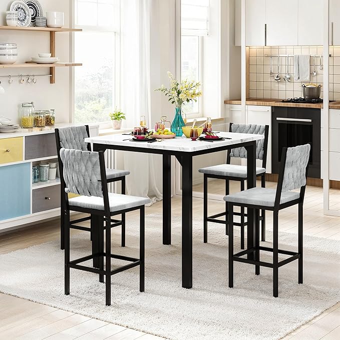 AWQM 5-Piece Dining Table Set, Dining Table Set for 4, Counter Height Table & 4 Velvet Bar Stools, Modern Kitchen Dining Set, Compact Dining Set for Small Spaces (Marble Texture & Velvet Chairs)