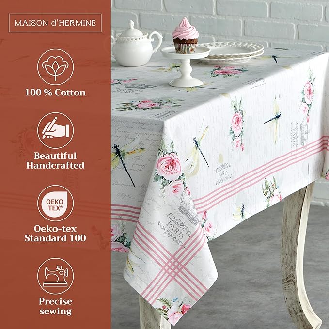 Maison d' Hermine Table Cloth Rectangle Table 100% Cotton 54 x 72 Inches Tablecloth Reusable Decorative for Dining Room Farmhouse Home Valentines Day Decorations Spring Summer - Champ De Mars