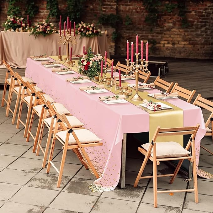 Breling 24 Pack Pink and Gold Disposable Plastic Tablecloths and Satin Table Runner Set, 54 x 108 Inch Tablecloth, 12 x 108 Inch Table Runners for Wedding Graduation Birthday Baby Shower