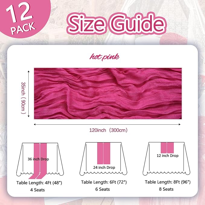 12 Pack Hot Pink Cheesecloth Table Runner 10ft Boho Gauze Fabric Cheese Cloth - Image 2