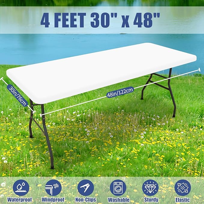 Spandex 4 Foot Rectangle Table Cloth 2 Pack, Elastic Fitted Tablecloths for Picnic, Stretch Washable Patio Table Cover for Outdoor, Camping, Banquet and Parties (White, 30"x48")