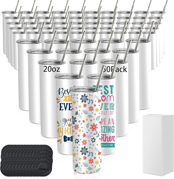 50 Pack Sublimation Tumblers Blank 20 oz Straight Skinny Tumbler with Metal Straws Rubber Bottom Individually Boxed Sublimation Cups Wholesale Blank White for Heat Transfer