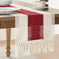Macrame Style Bicolor Stitching Table Runner 14x108in Red | Woven Boho Table by ZEEMARTONLINE