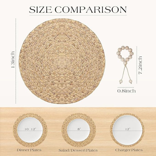 13” Woven Round Placemats Set of 4, Natural Water Hyacinth Braided Table Mats with 4 Wood Bead Napkin Rings, Washable Boho Farmhouse Rattan Place Mats for Home, Outdoor, Table Decor, Dinning, Wedding