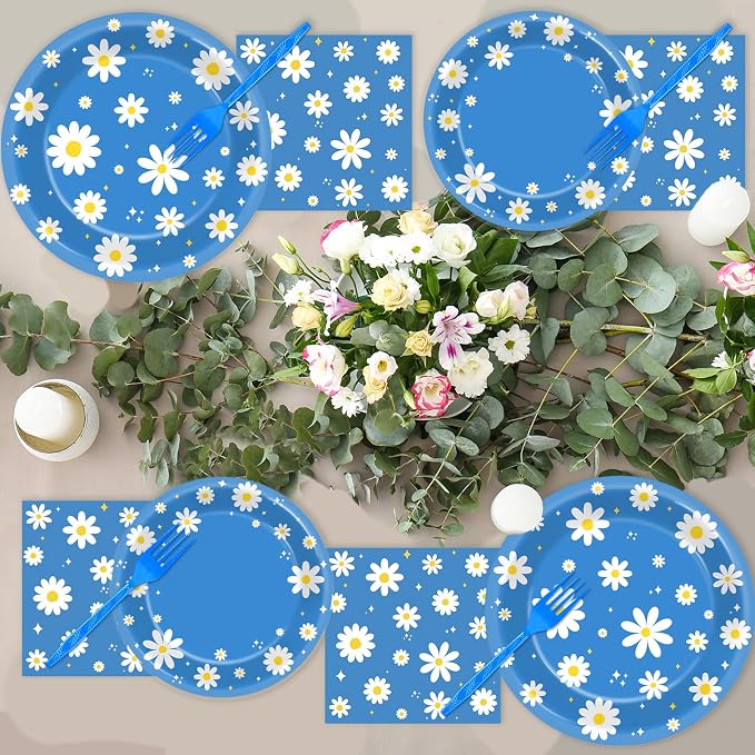 96Pcs Daisy Birthday Party Supplies Groovy Flower Paper Plates and Napkins - Image 4