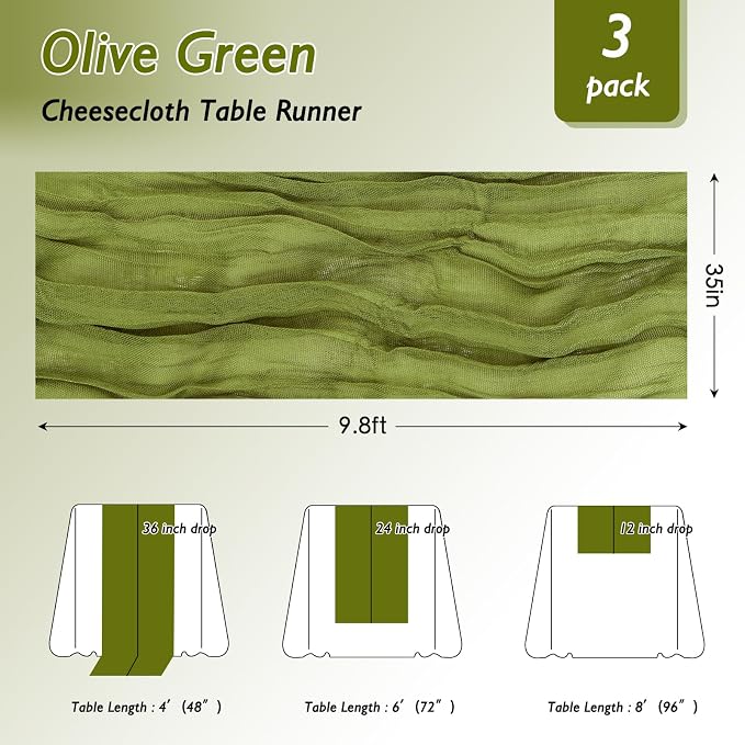 8 Pack Olive Green Cheesecloth Table Runner 120 Inch Boho Wedding Decor | - Image 2