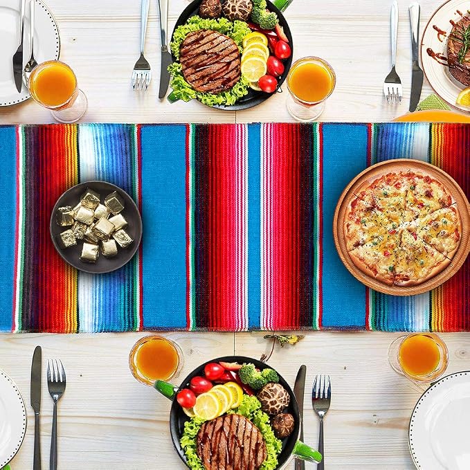 Fowecelt Mexican Serape Table Runner 14 x 84 Inch Hand-Woven Blanket Colorful - Image 2