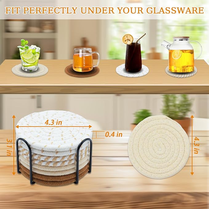 8 Pcs Drink Coasters, Minimalist Cotton Woven Coaster Set, 4 Colors Absorbent - Image 3