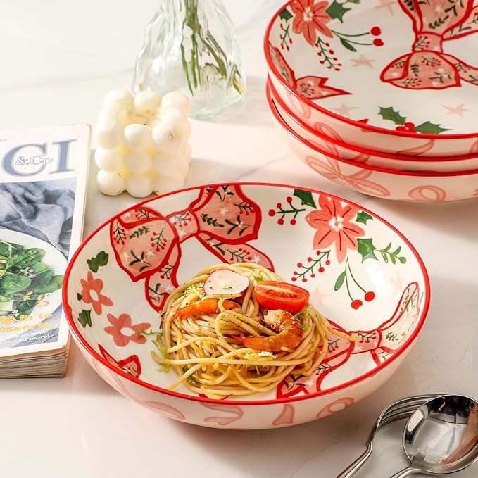 42 OZ Pasta bowls Set of 4, Pink Plates and bowls for Kitchen,Dinner, Christmas and Daily Meals, Versatile Salad Bowls for Holiday Entertaining,Microwave and Dishwasher Safe, Pink