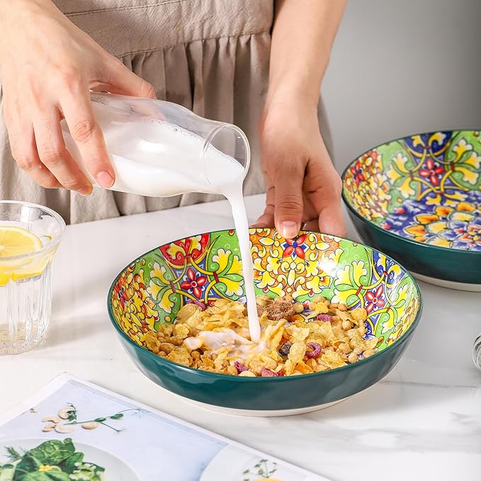 Bohemian Decorative Bowls for Salad, Fruit, 25 oz Pasta and Dinner, Serving Bowls Set for Party, Dishwasher & Microwave Safe (Orange+Red+Blue+Green, 8 Inch)