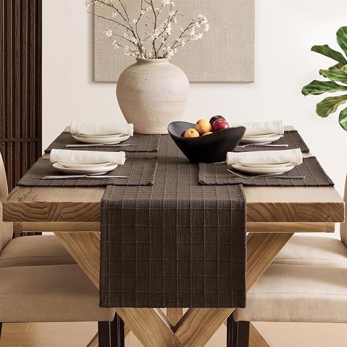 Artisanal Grid Linen Table Runner, 13x60 Inches Chocolate | Heavy Textured - Image 4