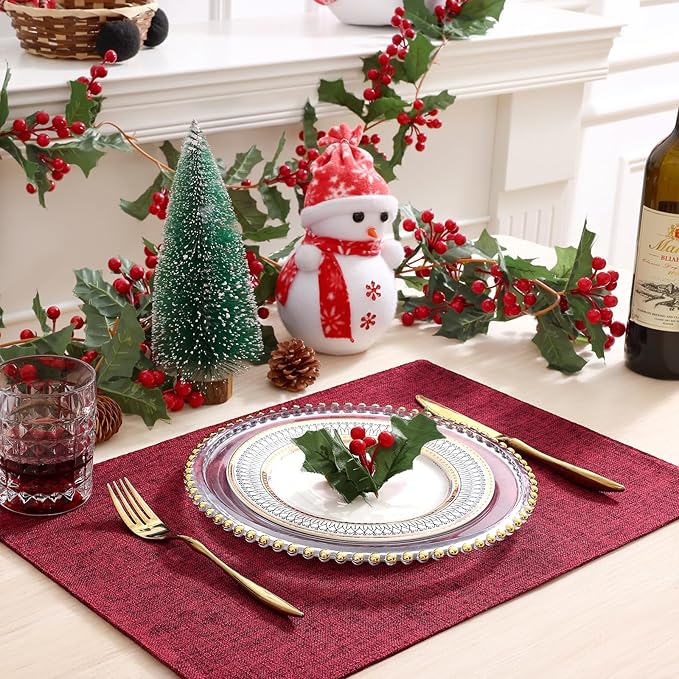 homing Cotton Linen Placemats Set of 6, Cloth Washable Farmhouse Dining Table Mats for Indoors & Outdoors, Easy to Clean, Red, 13 x 19 Inch