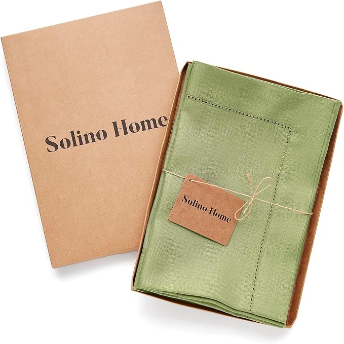 Solino Home Linen Napkins Set of 4 - Classic Hemstitch 100% Pure Linen Moss Green Dinner Napkins Cloth 20 x 20 Inch for Winter, Spring, Easter, St Patricks Day - Handcrafted and Machine Washable