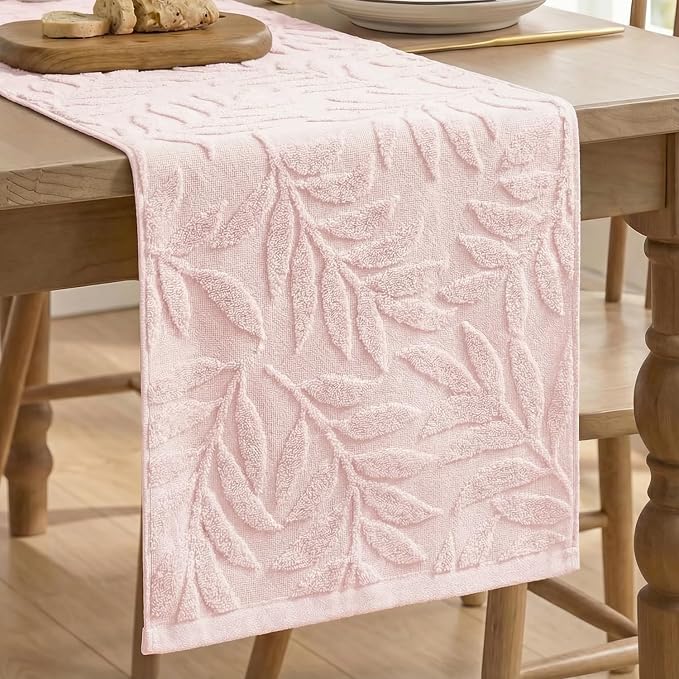 Artoid Mode Pink Soft 3D Jacquard Leaves 100%Cotton Spring Table Runner by ArtoidMode