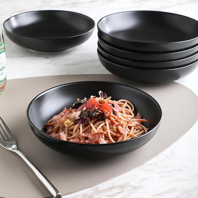 Selamica Porcelain 8.6 inch Salad Pasta Bowls Set of 6, 34 OZ Bowls Plates, Wide and Shallow Serving bowls, Microwave & Dishwasher Safe, Sturdy & Stackable, Set of 6(Black)