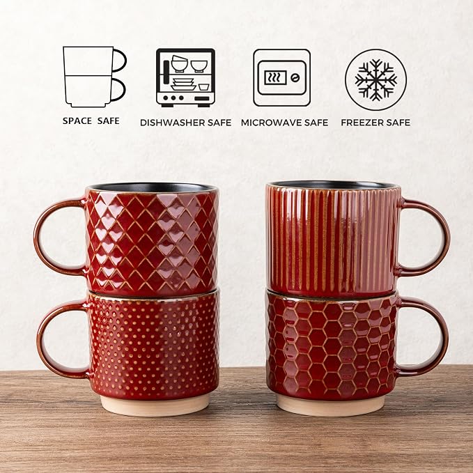 GBhome 15 OZ Stackable Coffee Mugs Set of 4, Ceramic Coffee Cups Set | 4 - Image 6