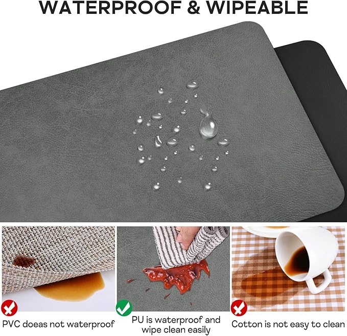 Faux Leather Placemats Set of 6, Vinyl Placemats Wipeable Waterproof Oil-Proof Table Mats, Heat Resistant Reversible Place Mats for Kitchen Indoor Outdoor, 15.8 x 11.8 inches (Grey/Black)