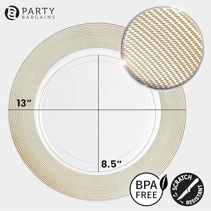 PARTY BARGAINS 13-Inch Charger Plates - 16 Pack, Clear Gold Rope Textured Rim, Heavy-Duty Disposable Chargers for Elegant Dining - Ideal for Weddings and Formal Events