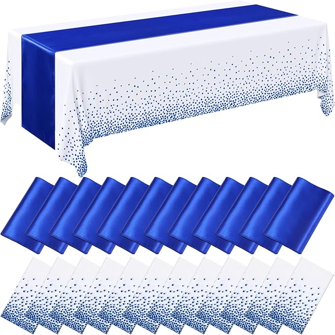 Breling 24 Pack Royal Blue Disposable Plastic Tablecloths and Satin Table Runner Set, 54 x 108 Inch Tablecloth, 12 x 108 Inch Table Runners for Wedding Graduation Birthday Baby Shower